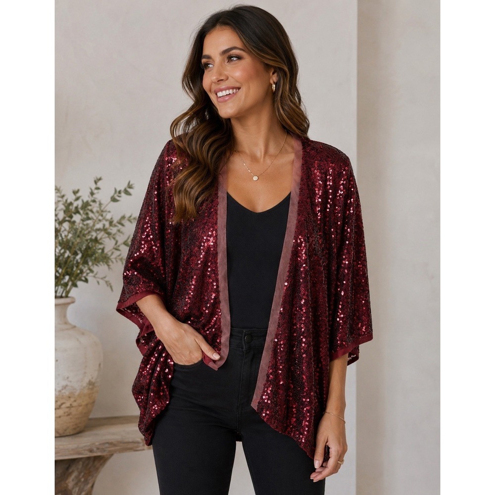 Ces Femme Burgundy Size S Sequin Kimono Jacket Cardigan Open Front Party Sparkle